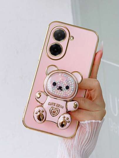 Straight Edge Hugging Bear Solid Color Fashionable Shock-Resistant Lightweight Non-Slip Minimalist Liquid Quicksand Cartoon Candy Bead Bear Foldable Stand Phone Case Compatible With Samsung Galaxy S26-S20, A02S-A07, A11-A17/A20-A70, Compatible With Redmi Note 7/8/9/10/11/12/13/14/15/A5/A3/A2/A1/9/10/12/13C/14C/15C, OPPO, Honor MAGIC 5/6/7 LITE, HW, Realme, Reno