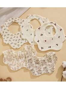 5/3件装随机纯色柔软棉纱婴儿围兜，婴幼儿口水巾，新生儿喂奶拍嗝巾 - 彩色 - 查看 2