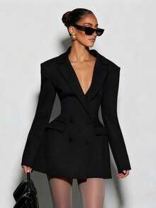 Blusas Bonitas De Mujer Elitara Vestidos Elegantes De Mujer Solid Color Deep V Blazer Dress Women's Double-Breasted Waist-Slim Fit Faux Pocket Party Gown Dresses For Women Going Out Outfits - 黑色 - 查看 3