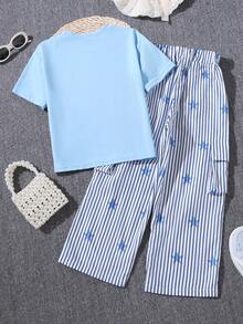Girls' Summer Letter Print T-Shirt & Striped Star All-Over Print Cargo Pants 2 Pieces Set - Blue - View 2