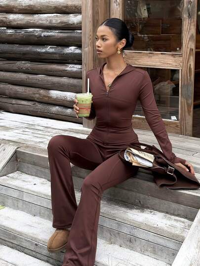 2pcs Modern Commuter Fitness Set, Zip-Up Hoodie With Thumb Holes And High-Waisted Flare Pants | Slimming And Lifting Design, Suitable For Office And Outdoor Sports, Hoodie With Cinched Waist Zipper Design, Paired With High-Waisted Flare Pants, Creating A Unrestricted, Fitted Look From Office To Gym, Women's 2 Pieces Winter Set