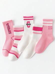 5 Pairs Kids Simple Letter Pattern Soft & Comfortable Socks, All Season - Pink - View 1