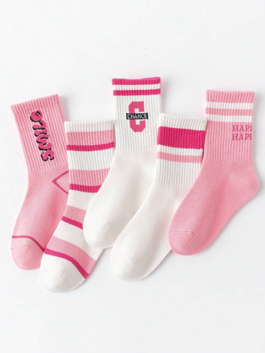 5 Pairs Kids Simple Letter Pattern Soft & Comfortable Socks, All Season - Pink - View 1