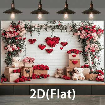 2D Romantisk Alla hjärtans dag-dekor: Nallebjörn, ros och hjärtformad bukett, elegant polyesterbakgrund lämplig för hemfestdekoration, modern heminredning, fotobakgrund, banderollfotografering, ingen elektricitet krävs