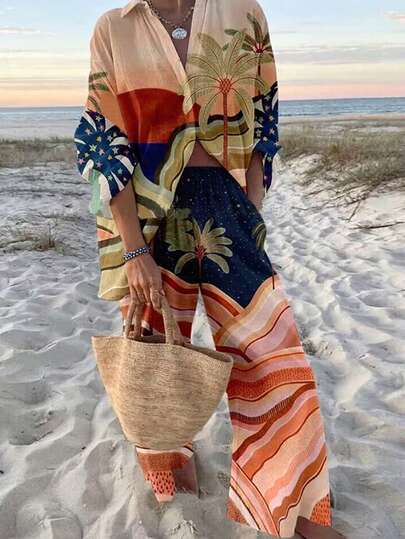 波西米亚风度假套装，女士宽松春夏时尚休闲日落风景印花波西米亚风撞色长袖上衣和裤子两件套