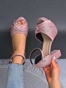 Women's Fashion Comfortable Round Toe Peep-Toe Rhinestone Embellished Open Toe Ankle Strap Buckle Design Outdoor Casual Versatile Dance Party Platform Chunky High Heel Sandals, Pink - Pink - View 3