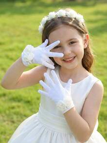 儿童缎面光滑弹力手套一双装 - 缎面花童手套，适合女孩选美比赛、芭蕾舞表演、公主生日派对和婚礼，超柔软 - 1Pair - 查看 6