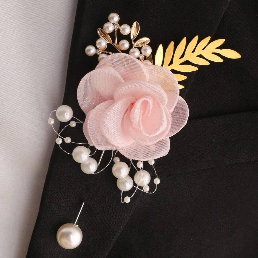 1PC Bride Groom Wedding Elegant Imitation Mesh Rose Corsage Wedding Party Gathering Family And Friends Group Accessories Supplies - 粉紅色胸花 - 查看 1
