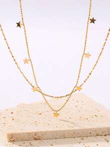 1pc Middle Eastern Ramadan Double Layer Women Necklace, Beach Style Stainless Steel Five-Pointed Star Tassel Pendant Multi-Layer Necklace, Fashionable Shiny Jewelry Gift, Stainless Steel Jewelry - Yellow Gold - View 8