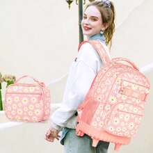 女孩带午餐盒的拉杆背包，防水带轮书包，适合大学生、青少年、儿童 - 黑色菊花