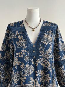 Đầm dáng rộng phong cách Bohemian cổ điển, phối ren hoa tương phản, cỡ lớn, kiểu dáng thường ngày, thích hợp cho kỳ nghỉ, du lịch mùa xuân. - Màu xanh lam - Xem 5