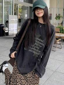 女士休闲复古水洗字母印花宽松圆领长袖上衣，适合日常通勤，春秋季百搭单品 - 黑色 - 查看 5
