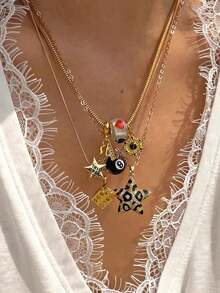 3件套豹纹星星项链、Y2K星空女孩项链、扑克牌星星骰子项链套装、黑色8号球项链、英文字母纪念项链 - 金色 - 查看 11