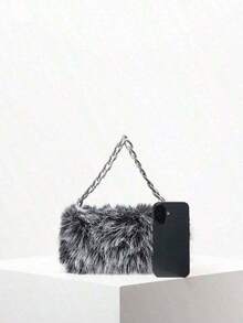 Solid Fuzz Soft Candy Color Chain Satchel Bag, Y2K Style Women Shoulder Bags, Cute Charm Clutch, Holiday Party Dress, Random Pattern Fur Purse, Halloween Purse Fancy Party Halloween Fashion & Gothic Fashion, New Arrival Fur Bag Women - Gray - View 6