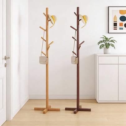 1pc Coat Rack,Solid Wood Clothes Rack,Available In Two Colors And Comes With 8 Hooks And 3 Adjustable Racks. Easy To Assemble And Convenient For Hanging Coats, Hats, Scarves, And Handbags. Suitable For Hallways, Corridors, Bedrooms, And Offices.