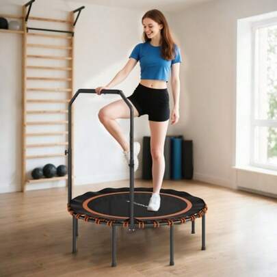 Fitness Trampoline With Adjustable Support Bar, Sports Trampoline For Indoor And Outdoor Use, Steel, Plastic, Orange