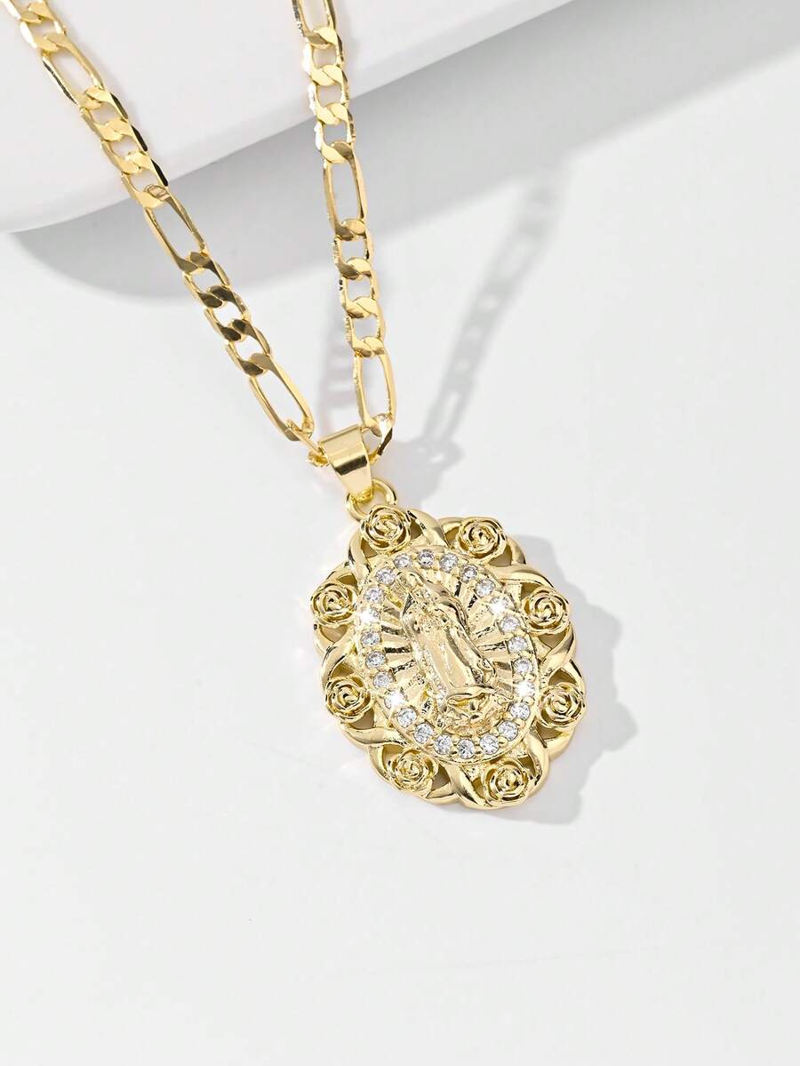 1pc Classic European Style Copper Inlaid Zirconia Rose Guadalupe Virgin Mary Pendant Necklace, Limited Edition, Suitable For Christmas, Thanksgiving, Halloween, Mother's Day, Valentine's Day, Gifts For Couples, Friends, Godparents, First Holy Communion, Daily Wear And Prayer - Yellow Gold - View 1