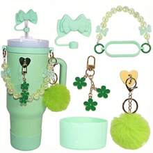Bộ phụ kiện cốc dễ thương 7 món cho cốc 40oz/30oz, nắp ống hút nơ hồng, quả bông trang trí, dây hạt, mặt dây chuyền hoa và vỏ bọc silicon, quà tặng đồ uống Kawaii dành cho phụ nữ. - Nhiều màu - Xem 11