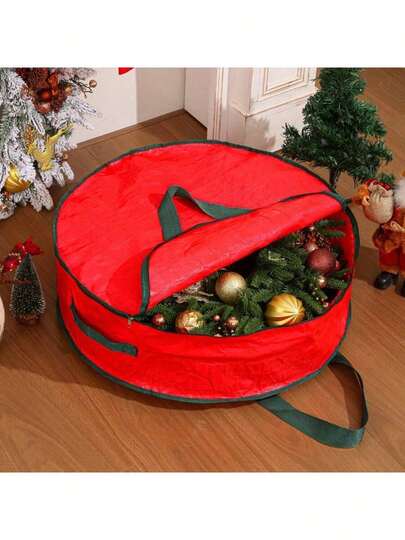 Christmas Wreath Storage Bag, Colorful Christmas Decoration Striped Storage Bag, Red Exterior, Portable Handle, Round Design, Suitable For Indoor Closet, Garage, Basement, Storage And Packaging Of Artificial Wreaths For Christmas, Thanksgiving And Other Holidays