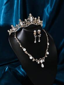 1 Set Silver Luxury & Noble Wedding Jewelry Set, Bride Necklace, Earrings, Crown 3pcs - Silver - View 5