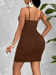 AIJ Amarilo Twist Strap Ruched Bodycon Dress (Random Floral Print) Summer Elegant - Coffee Brown - View 3