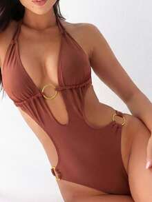 New Dusty Rose Circular Ring Ruched Halter Tie Back Sexy Backless One-Piece Swimsuit For Beach Vacation - Red Bean Paste Color - View 1