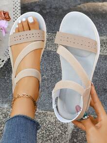 Women's Fashion Round Toe Open Toe Summer Oversized Striped Hollow Comfortable Slip-On Hook And Loop Sports Sandals - Beige - View 2