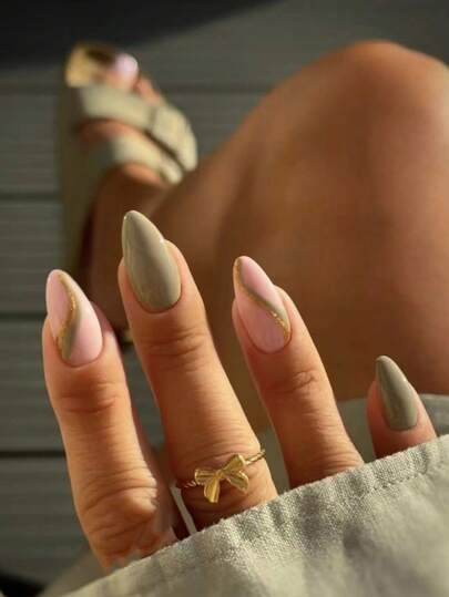 24pcs French Green Line Glitter Press-On Nails, With Jelly Gel And Nail File, Durable And Chic, Suitable For Holidays, Daily Wear, School, Office, Party, Nail Art, Nail Kit