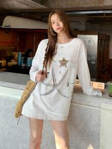 轻薄透气的海星印花宽松长袖T恤，休闲时尚 - 白色 - 查看 6