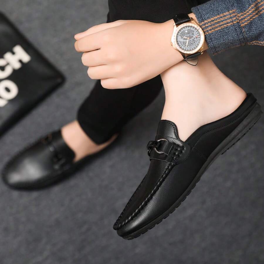 Slip-On Loafers, Backless Design Loafers, Slip-On & Off Convenience, European & American , Anti-Slip Driving Shoes, Comfortable Men's Loafers - Black - View 1