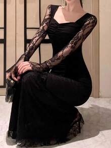 Women's Elegant Fitted Black Lace Patchwork Vintage Style Formal Dress, Suitable For Spring/Summer, Birthday Party, Ball Wedding - Black - View 11