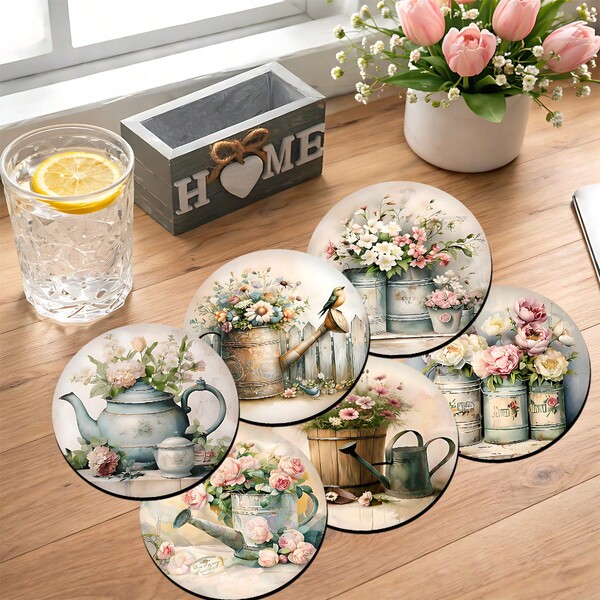 6pcs Floral Pattern Coaster Set, Tea Pot Coasters, Tea Cup Coasters, Water Glass Coasters, Wine Glass Coasters, Coffee Cup Coasters, Round Absorbent Silica Gel Coasters, Coffee Bar & Kitchen Accessories, Suitable For Home Decor, Party And Tableware Gifts, All Season Home Decor