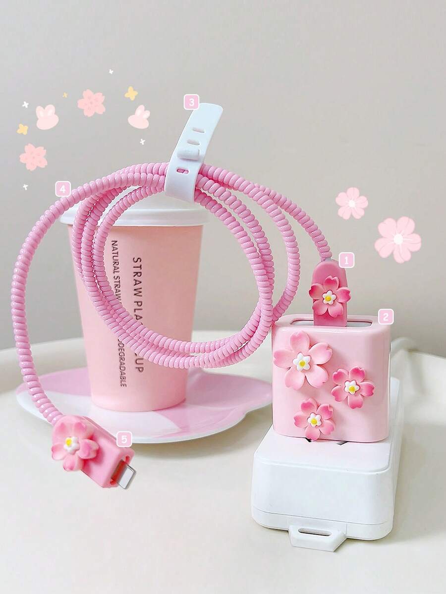 5件套粉色樱花图案充电器/数据线保护套，适用于1.5米充电线和数据线，防断绕线器，兼容 12/13/14和20W快充，数据线整理器，防断线，TPU充电器保护套