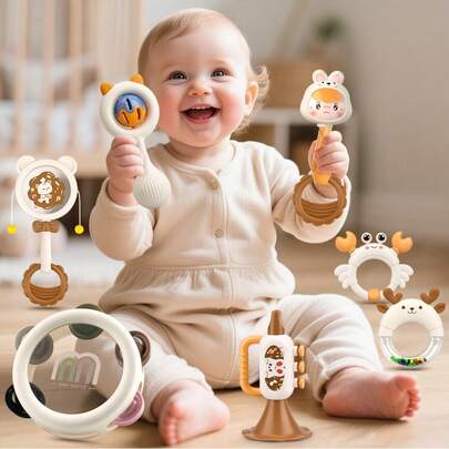 Bộ đồ chơi lục lạc và gặm nướt cho bé - Làm từ chất liệu PP, lục lạc nhiều màu sắc có chuông, vòng nhung và đồ gặm nướt, phù hợp cho trẻ sơ sinh và trẻ nhỏ, đồ chơi giáo dục âm nhạc hoạt hình, quà tặng nhạc cụ gõ cho tiệc mẫu giáo