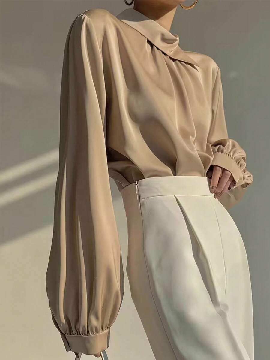 Women's Elegant Casual Daily Solid Color Irregular Collar Ruffle Design Button Cuff Lantern Sleeve Long Sleeve Casual Blouse, Spring/Autumn - Maroon - View 1