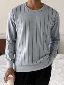 Men's Rib-Knit Detailed Great Quality Striped Casual Sweatshirt - Grey - View 1