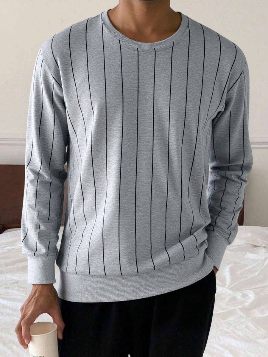 Men's Rib-Knit Detailed Great Quality Striped Casual Sweatshirt - Grey - View 1