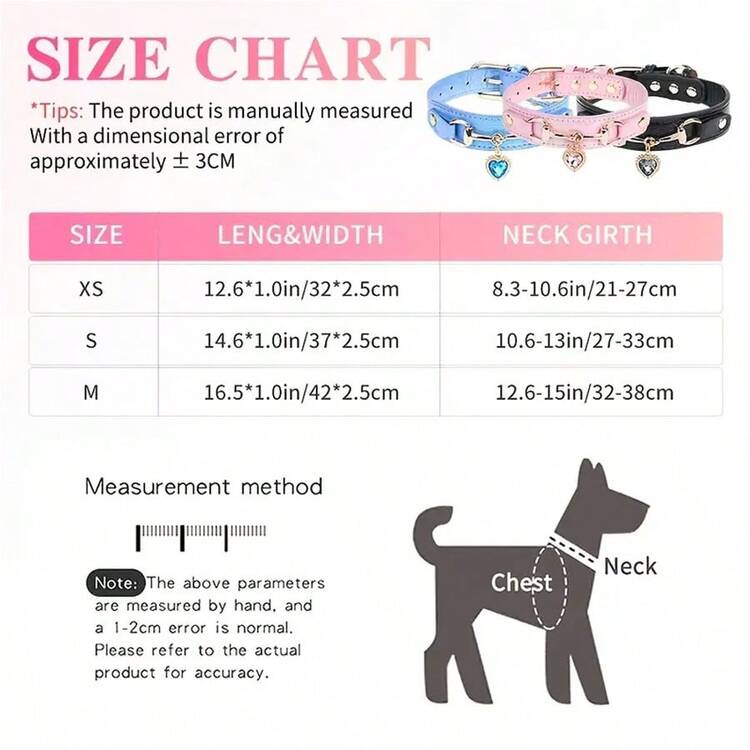 Leather Dog Collar With Heart-Shaped Crystal Pendant, Suitable For Small Dogs, Cats And Dogs. Cute Pet Collar With Shiny Crystal Pendant - Pink - View 3