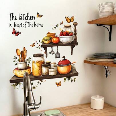 1/3pcsWaterproof Kitchen Wall Decals Floating Shelf Design With Food Jars And Motivational Quote Vinyl Stickers For Home Decor Kitchen Backsplash Art