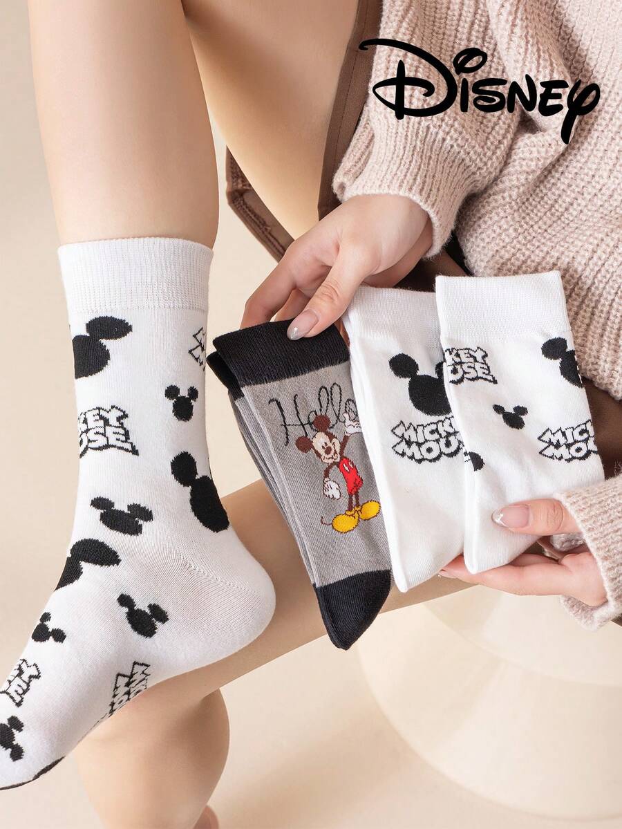3/6/1 Pair Official Disney Women Socks, Embroidered Cute Mickey Mouse Family, Cartoon Character Embroidery Mid-Calf Socks, Unisex Novelty Socks, Suitable For Any Occasion, High-Quality Gift Socks