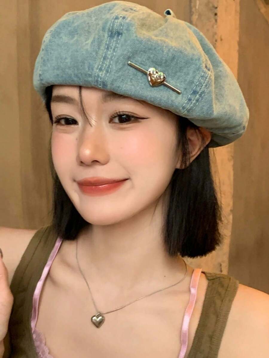 1pc These Denim Berets Blend Casual Retro Texture And Cute Decorative Design, Making Them Ideal Stylish Daily Headwear