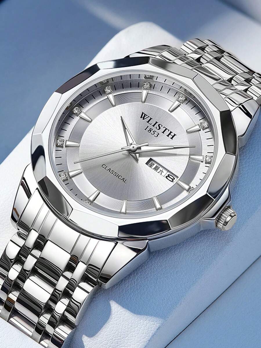 Reloj de hombre WLISTH de caliente, resistente al agua, luminoso, con calendario dual, reloj de cuarzo con correa de acero sólido para hombres