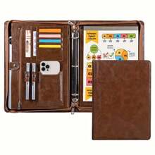 Women Portfolio, Zipper Binder Portfolio For Women, 3 Ring Binders 1 Inch, PU Leather Padfolio Folder, Business Portfolio Organizer With A4 Legal Pads, Thin PU Leather Professional Binder, Gift For Her - 棕色 - 查看 1