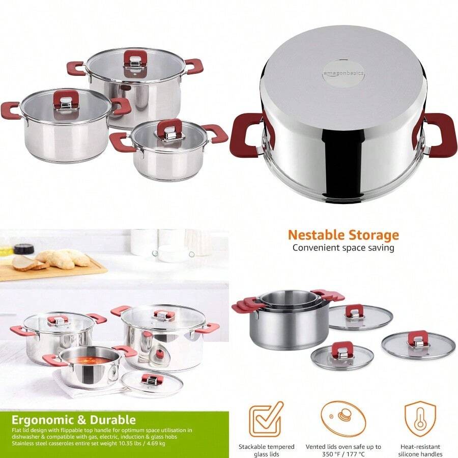3-Piece Stainless Steel Space Saving Induction Cookware Set - Casserole With Stackable Lid Soft Touch Handle - 16/20/24 Cm 14.56 Inches - Stainless Steel - View 1