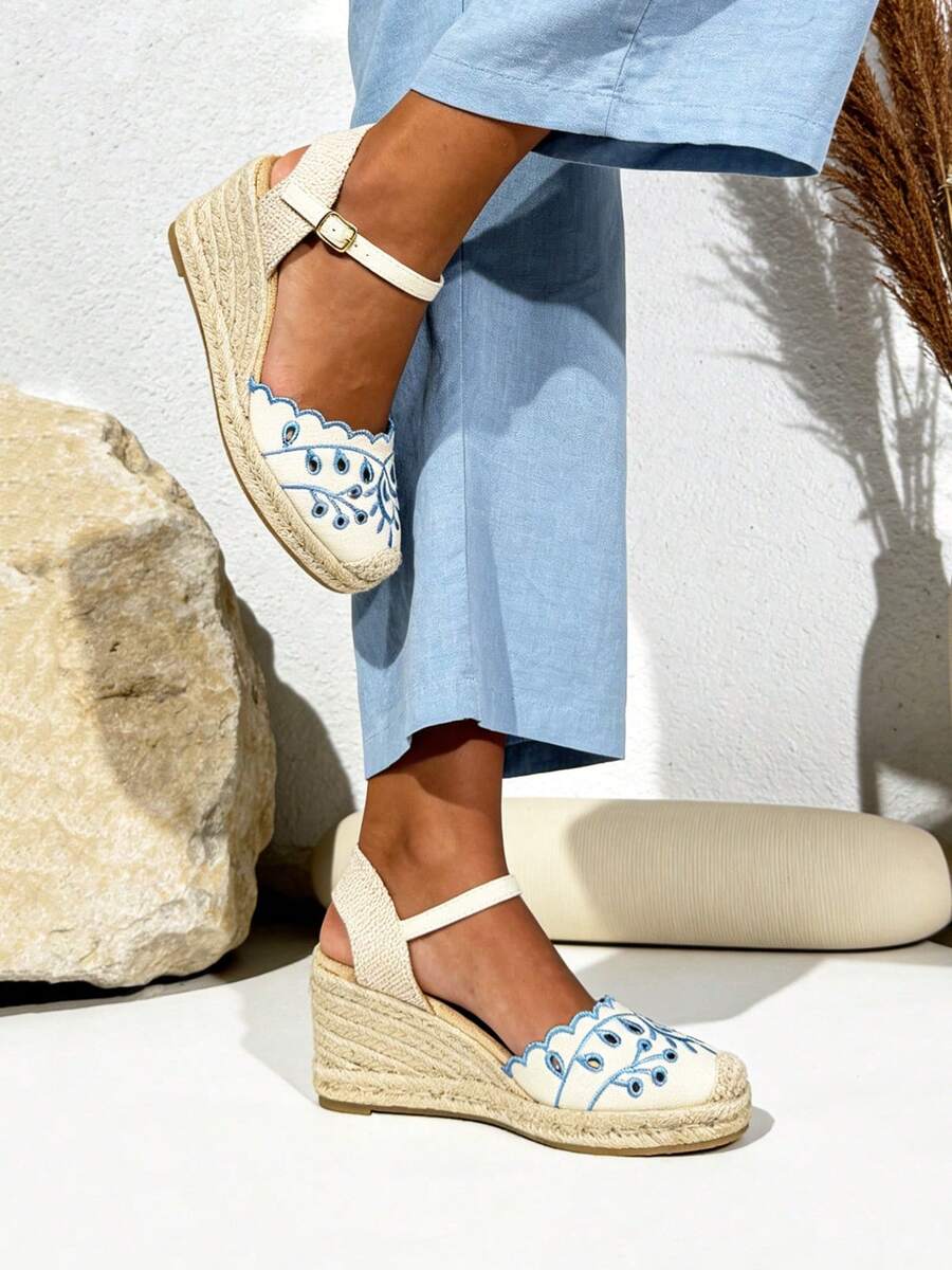 Sandales espadrilles pour femmes, espadrilles avec bride de cheville, sandales plates pour femmes, semelle en esparto - Bleu azur - Voir 1