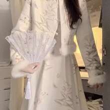 Fall Winter New Chinese Style Matching Set- Vintage Floral Print Qipao Dress With Frayed Hem Short Jacket, Modern Two-Piece Outfit For Party Date& Daily Wear - 米色 - 查看 2