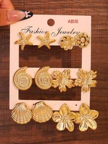 1/6 Pairs New Fashion Gold Smooth Rose, 5-Petal Flower, Leaf, Starfish, Seashell Stud Earrings Set, Suitable For Women And Girls Daily Wear, Fashionable And Elegant, Can Match Different Outfits - Gold - View 6