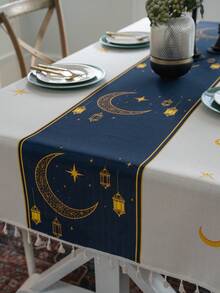 Bubaba 1 pieza Camino de mesa azul con estampado de estrellas y lunas, mantel de estilo bohemio con flecos en color crema-blanco, reutilizable y lavable, adecuado para cocina, comedor, sala de estar, dormitorio, mesas de hotel, decoración de Ramadán