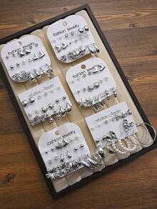 (NUEVO) Set de 2/36 piezas o Set de 1/18 piezas Elegante conjunto de aretes con diseños florales, lazos, geométricos, corazones y estrellas para mujeres, adecuado para vacaciones, fiestas, citas, uso casual, banquetes, diario, viajes, sesiones de fotos