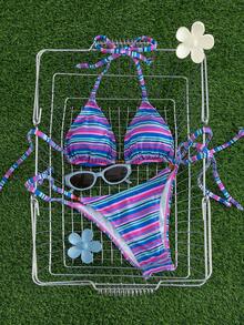 Bộ bikini sọc buộc dây cổ yếm thời trang mới dành cho nữ, bao gồm áo tam giác và quần bikini, thích hợp cho kỳ nghỉ hè trên bãi biển. - Xanh đậm - Xem 4